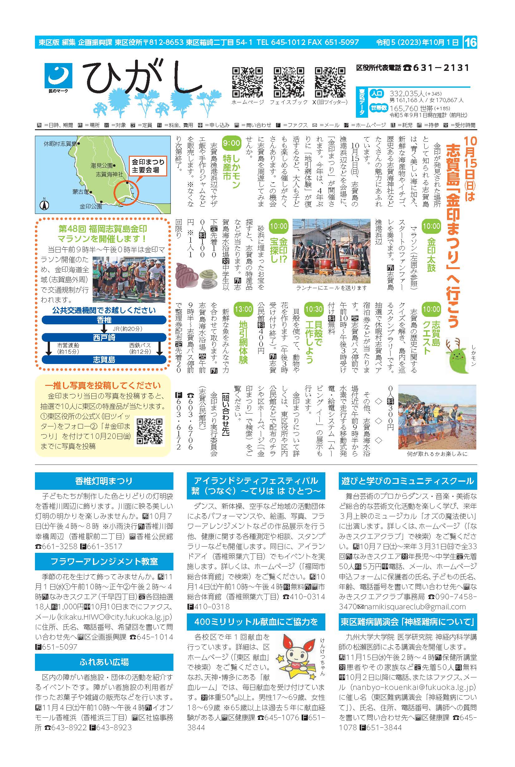 福岡市政だより2023年10月1日号の東区版の紙面画像