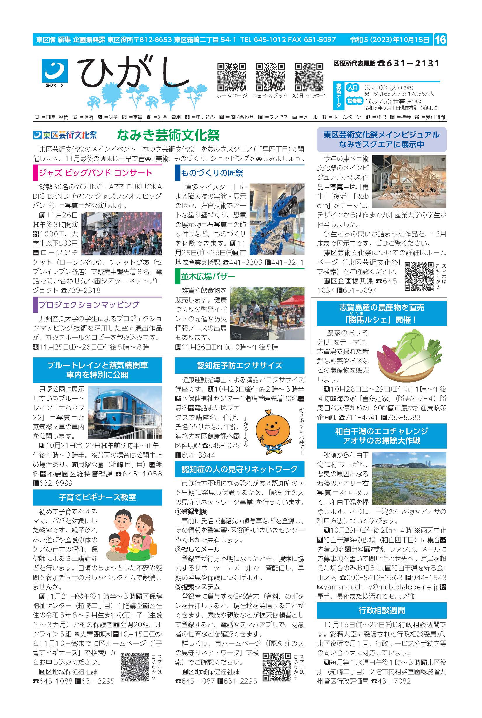 福岡市政だより2023年10月15日号の東区版の紙面画像