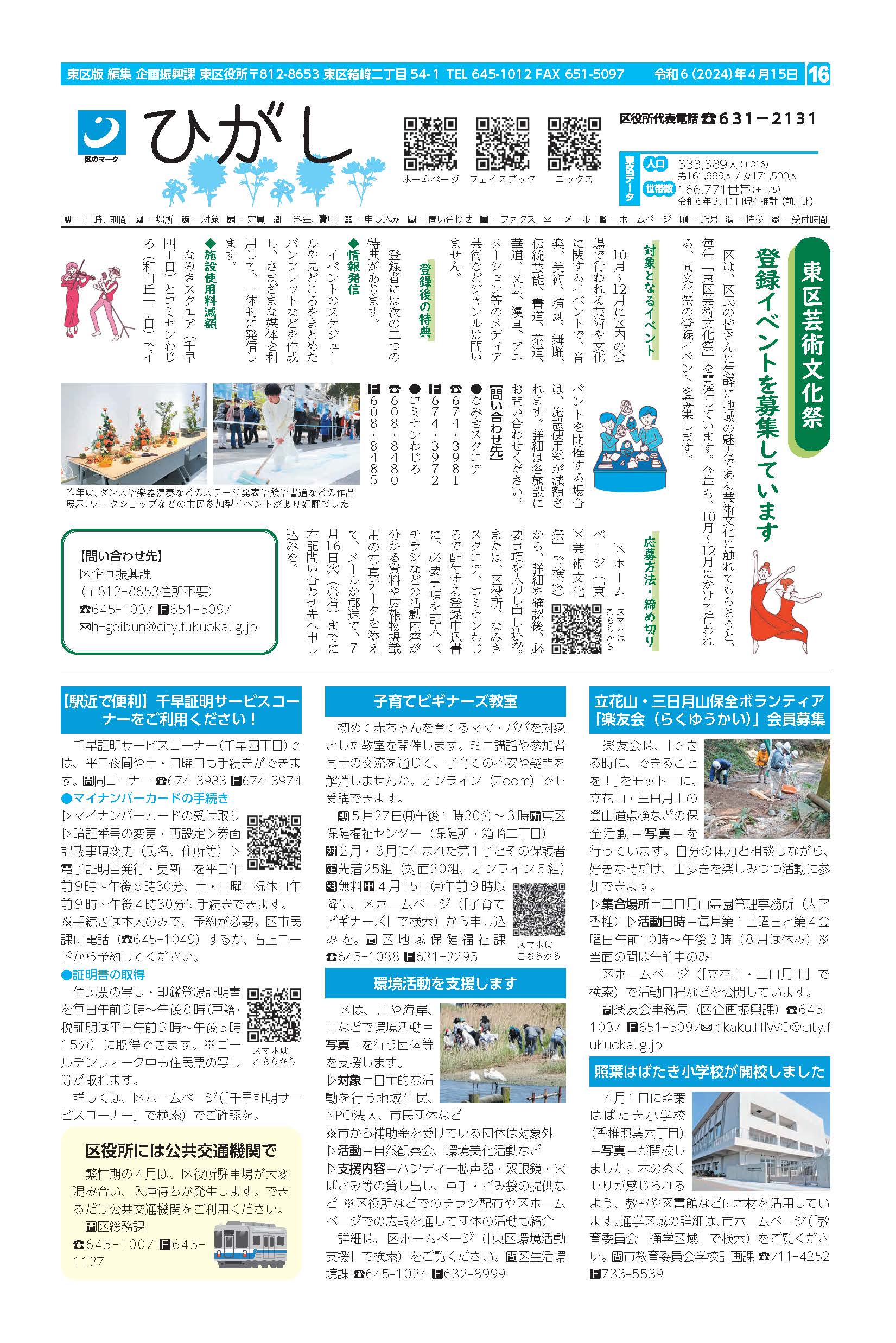 福岡市政だより2024年4月15日号の東区版の紙面画像