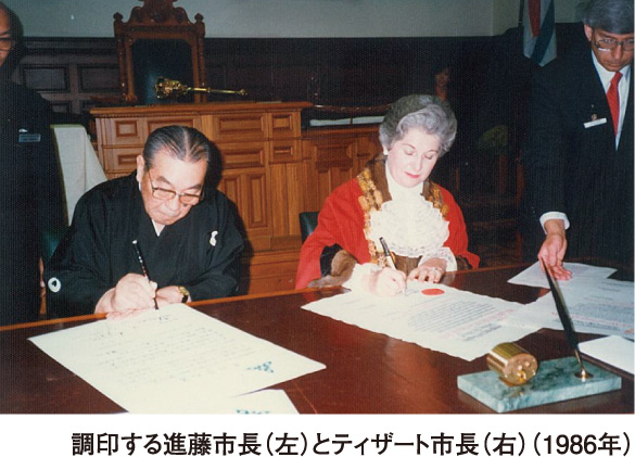 【写真説明】調印する進藤市長（左）とティザート市長（右）（1986年）