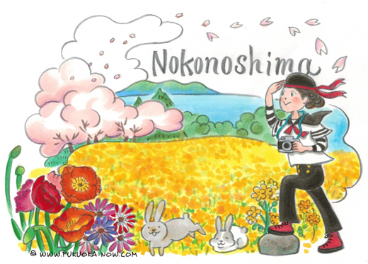 博多の豆知識「菜の花が満開の能古島を散策」のイラスト