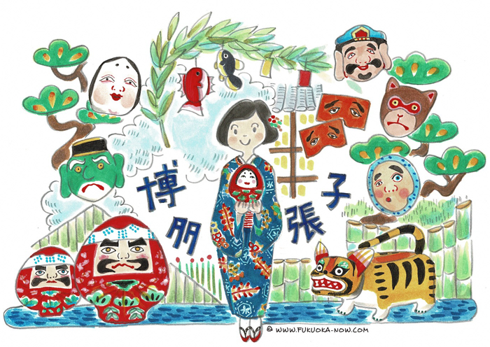 博多の豆知識「博多の祭に欠かせない縁起物・博多張子」のイラスト