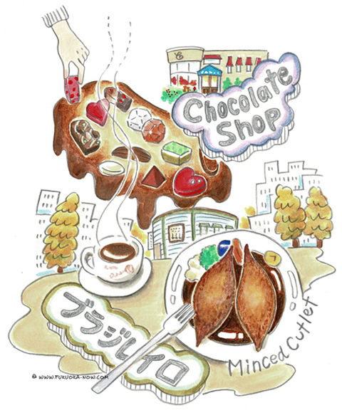 博多の豆知識「博多で初めてのカフェとチョコ」のイラスト