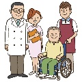 車いすに座っている方を専門職の方々が囲んでいるイラスト