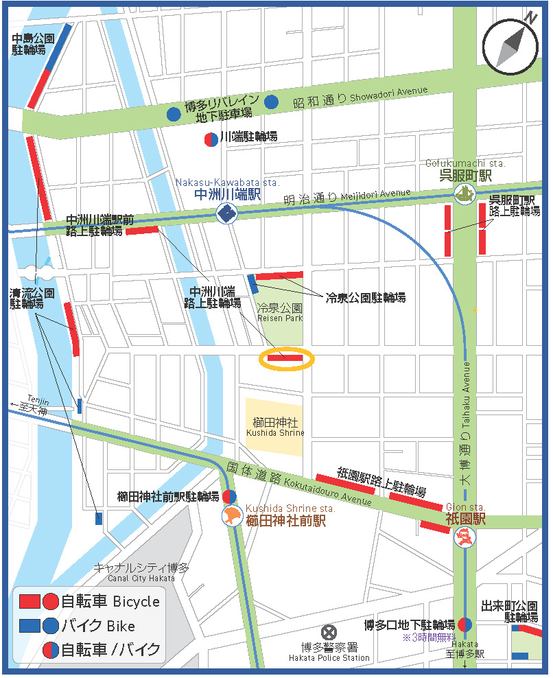 中州川端駅周辺、中州川端路上駐輪場の地図