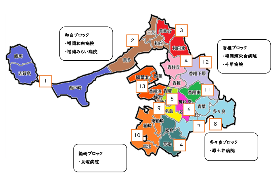 東区事業所ネットワークとブロック支援病院を地図に記載した図