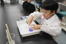 参加者の子どもが実験材料を混ぜる作業に取り組んでいる様子