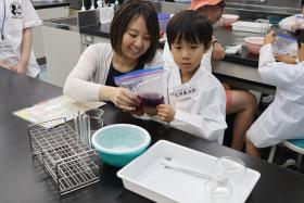 参加者の親子が協力して材料をもみ込みながら、色素を抽出している様子