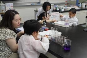 参加者が、お酢や重曹、クエン酸などの身近な材料を加え、液体の色の変化を楽しんでいる様子