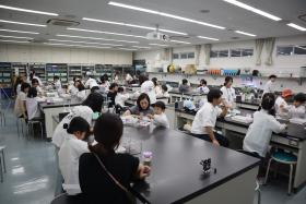 会場全体で、参加者や大学生が協力しながら実験に取り組んでいる様子