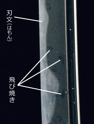 国宝　刀　名物「圧切長谷部（へしきりはせべ）」の刃文、飛び焼きの位置を説明した画像