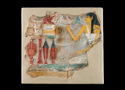 女性と供物を描いた墓の壁画