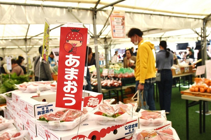 地元福岡で採れた新鮮な野菜や果実を「博多じょうもんさん」で販売している様子