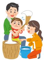 子どもといっしょに餅つきをするイラスト