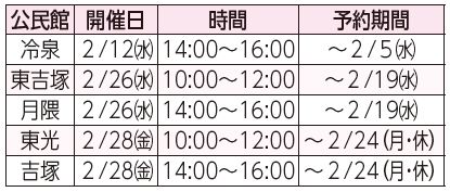 公民館、開催日、時間、予約期間表