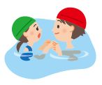子どもが手で支えられプールに入っているイラスト