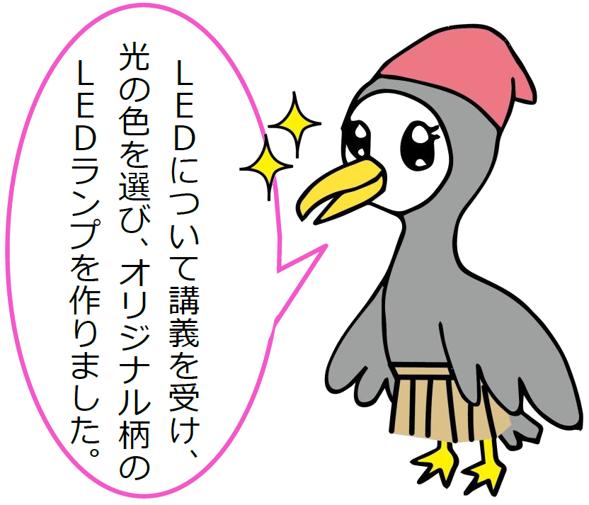 LEDについて講義を受け、光の色を選び、オリジナル柄のLEDランプを作りました。