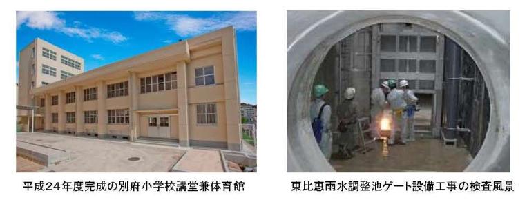 平成２４年度完成の別府小学校講堂兼体育館の写真と東比恵雨水調整池ゲート整備工事の検査風景の写真