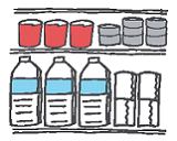 飲料水、紙皿、紙コップなどの備蓄品のイラスト画像