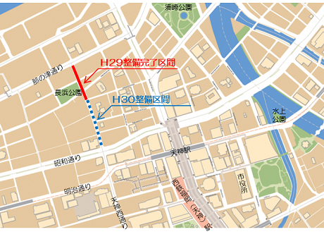 道路のリノベーションを行った親不孝通りの位置図