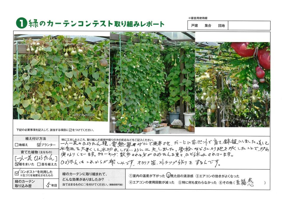植え付け方法はプランター。育てた植物はひょうたん。緑のカーテン取り組み歴5年。優秀賞、柗井宏喜様の写真。
