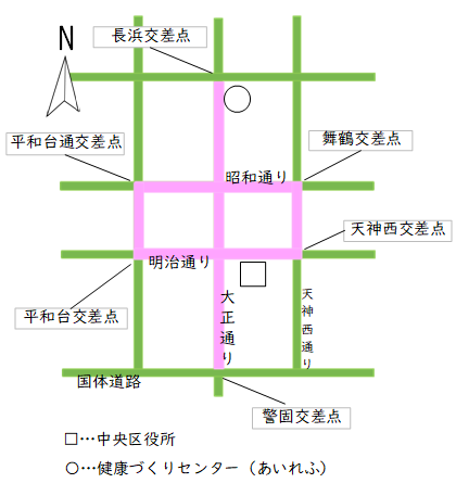 昭和通り、明治通り、大正通で中央区の「中」の形をしているイメージ地図