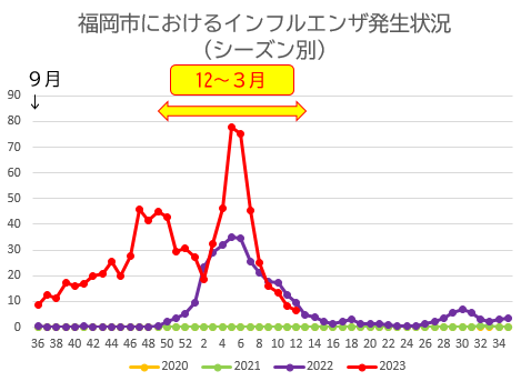 令和6年第5週（1月29日から2月4日）警報発令の基準である30を大きく超え77.76となったインフルエンザ発生状況の折れ線グラフ