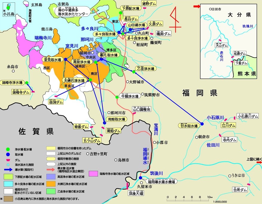 福岡市の水源・浄水場等を表す地図画像