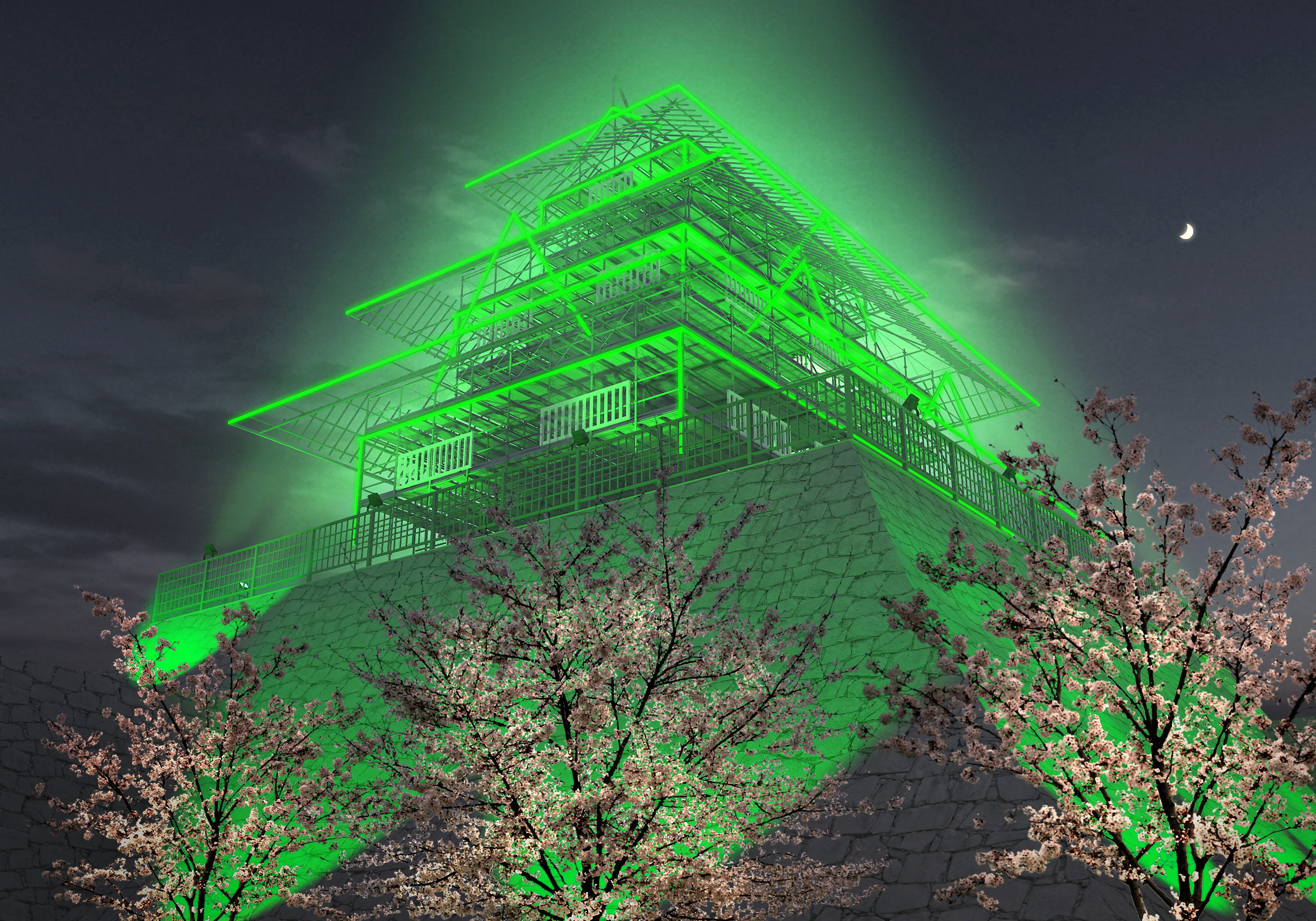 緑色にライトアップされる福岡城
