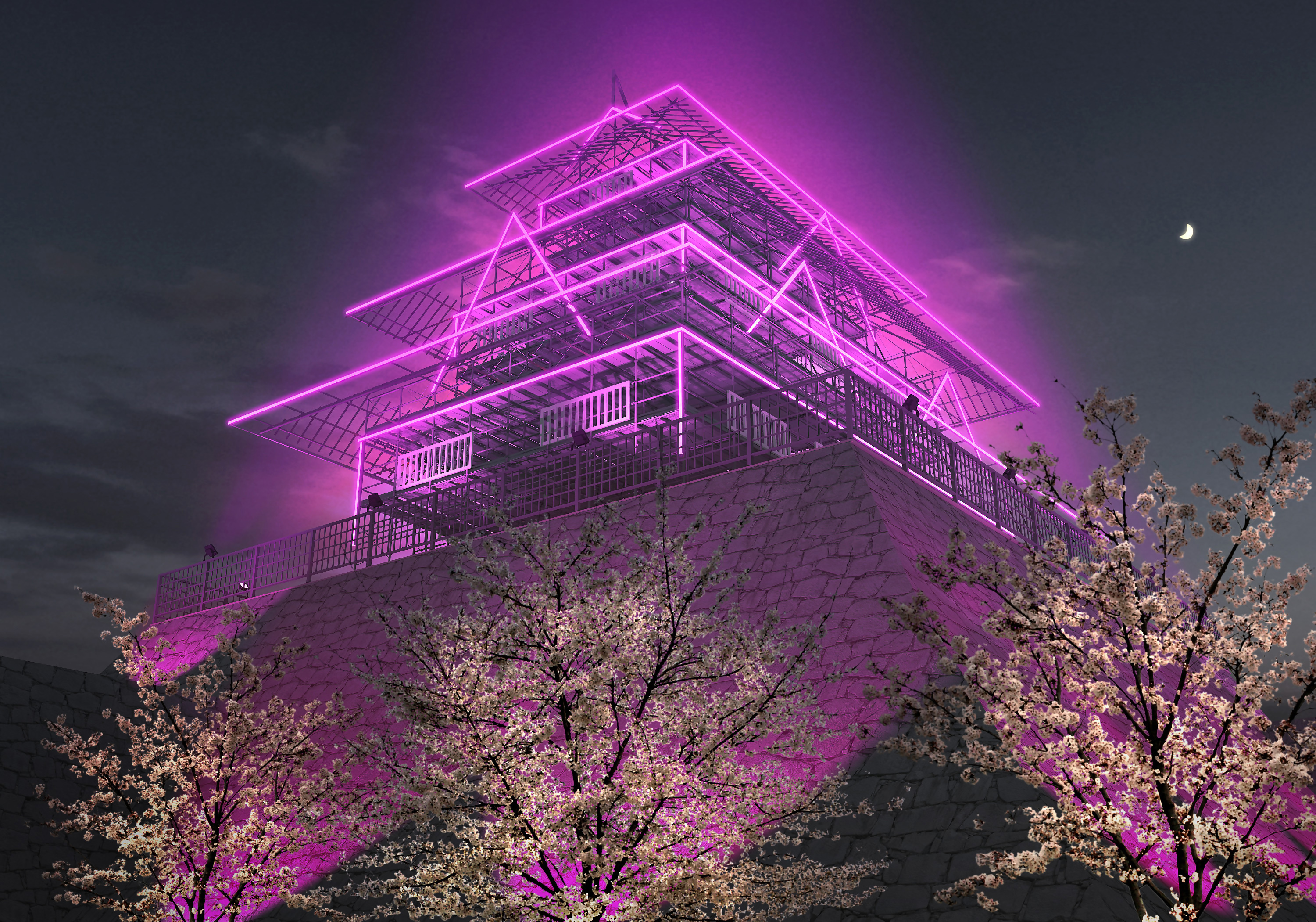 ピンク色にライトアップされる福岡城