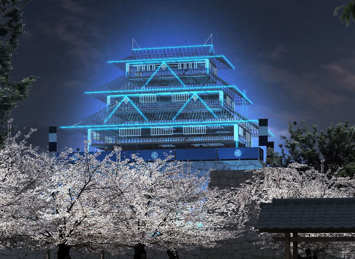 福岡城が青色にライトアップされている様子