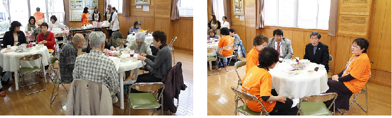 参加者が折り紙をしたり細川区長と話している写真