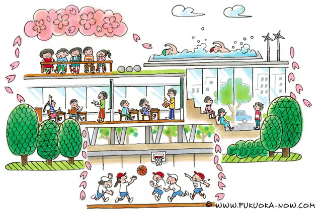 博多の豆知識「地域に開かれた博多小学校」のイラスト