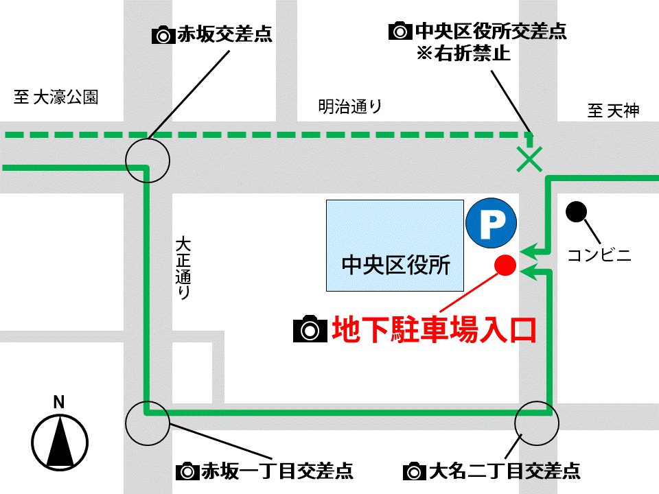 中央区役所地下駐車場への地図