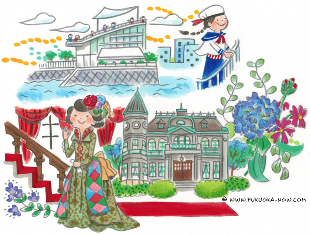 博多の豆知識「旧福岡県公会堂貴賓館と水上公園」のイラスト