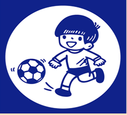 校庭開放旗の画像。小さな子どもがサッカーボールを蹴っているイラスト。