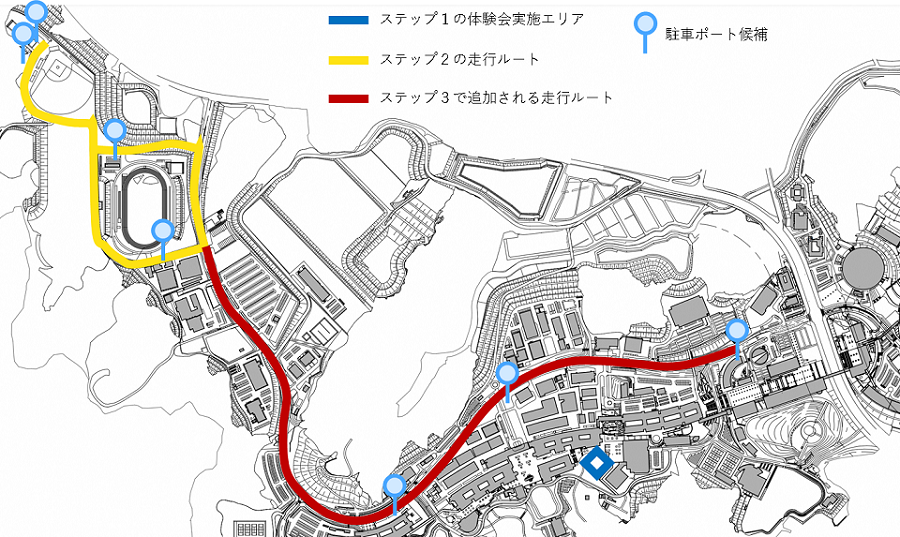 九州大学伊都キャンパス内の走行ルートと体験会実施エリアの地図