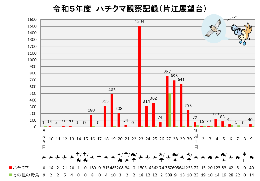 令和5年度の9月9日から10月9日までの棒グラフ。ピークは9月23日の1,503羽。
