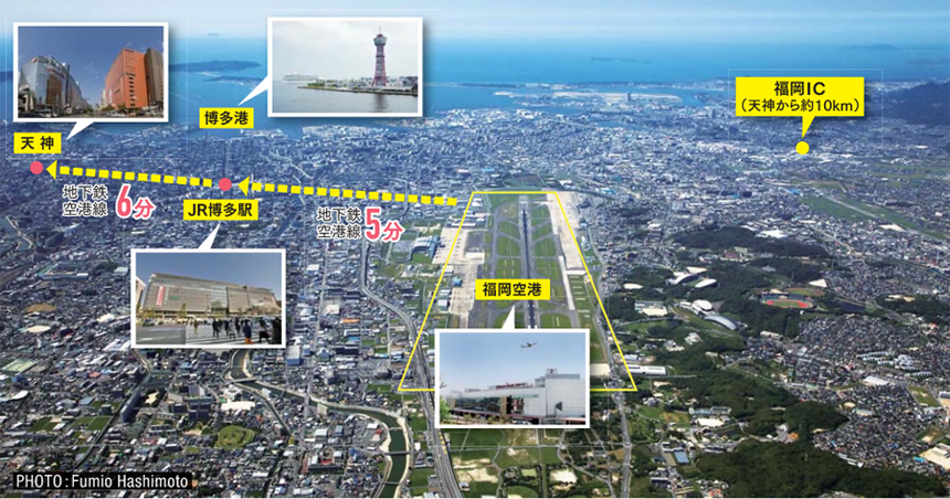 福岡空港と天神、博多駅などの写真