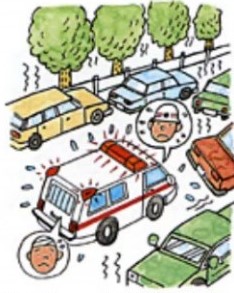 地震が起きた時に車を運転していた人たちが，車を路肩に寄せることなく，避難している様子。けが人を乗せた救急車が病院に向かっているが，放置車両が邪魔をして進めなくなっている。