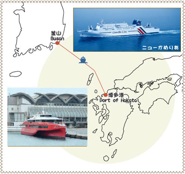 博多港と釜山港の間の地図