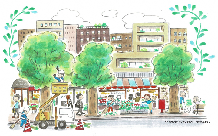 博多の豆知識「さわやかな季節の福岡の街路樹」のイラスト