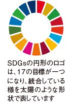 SDGsの円形のロゴの画像。17の目標が一つになり、統合している様を太陽のような形状で表しています。