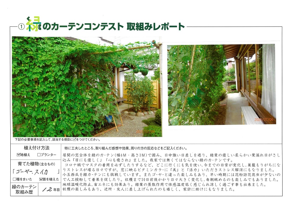 写真：≪最優秀賞≫安達佑次様の緑のカーテンの様子。植え付け方法：地植え、育てた植物：ゴーヤ・スイカ、緑のカーテン歴：12年目