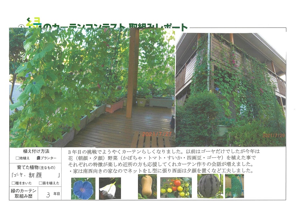 写真：≪優秀賞≫石田喜久美様の緑のカーテンの様子。植え付け方法：プランター、育てた植物：ゴーヤ・アサガオ、緑のカーテン歴：3年目