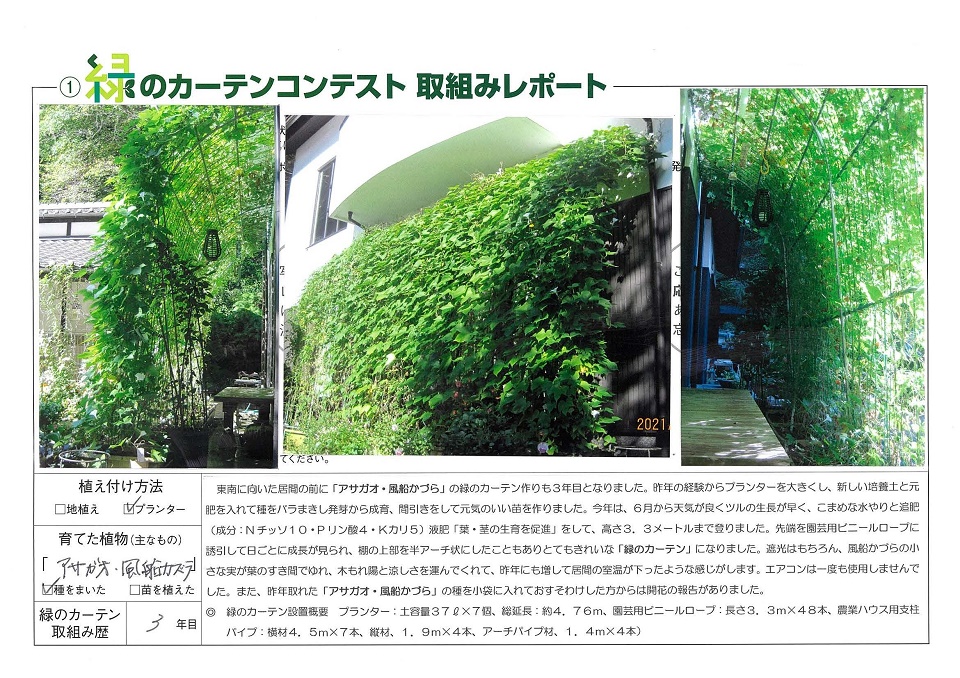 写真：≪優秀賞≫長泰壽様の緑のカーテンの様子。植え付け方法：プランター、育てた植物：アサガオ・風船カズラ、緑のカーテン歴：3年目