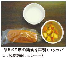 昭和25年の給食を再現した写真。コッペパン、脱脂粉乳、カレー汁。