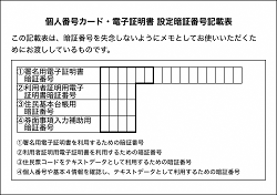 個人カード・電子証明書設定暗証番号記載表のサンプルイメージ