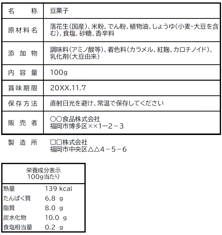 豆菓子の食品表示例