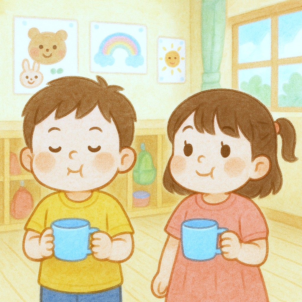 うがいをする男の子と女の子